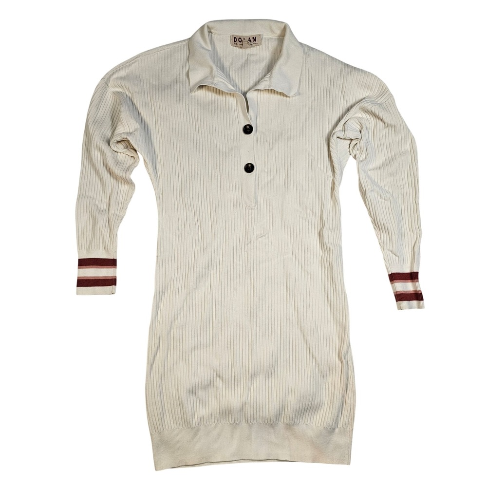 Dolan Left Coast Collection Ribbed Knit Polo Sweater Dress Cream Striped Cuff S